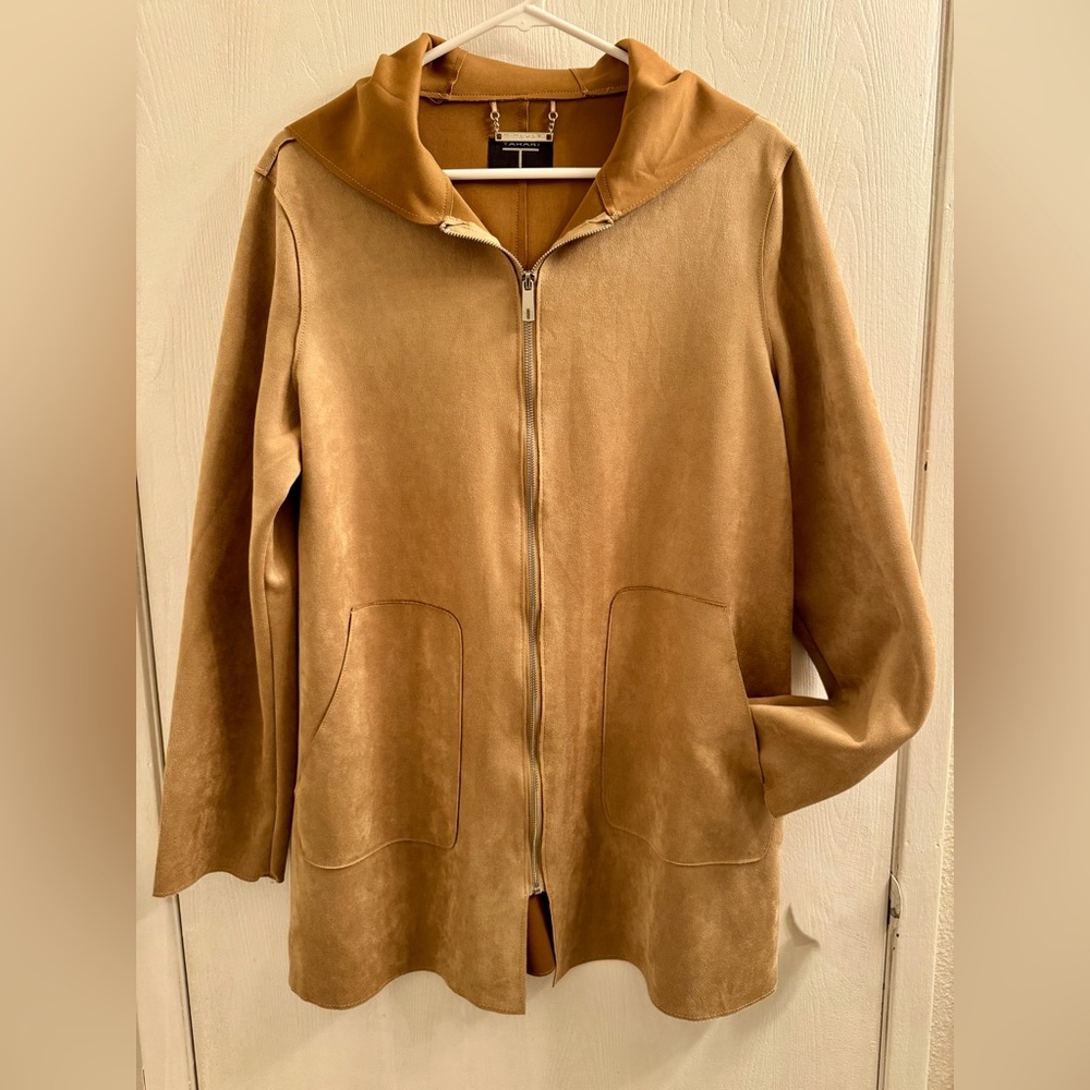 Tahari Faux Suede Front Zip Hoodie Coat